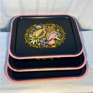 Vintage Set of Three 3 Toleware TV Trays Metal Hand Painted Pink Black Home
